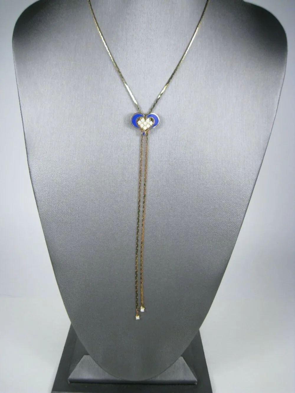 Vintage Gold Tone Bolo Necklace Blue Enamel Heart Crystal Sleek Modern Adj 16 in